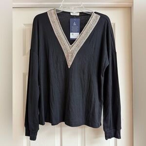 NWT - Black V-Neck Long Sleeve Top with Trim